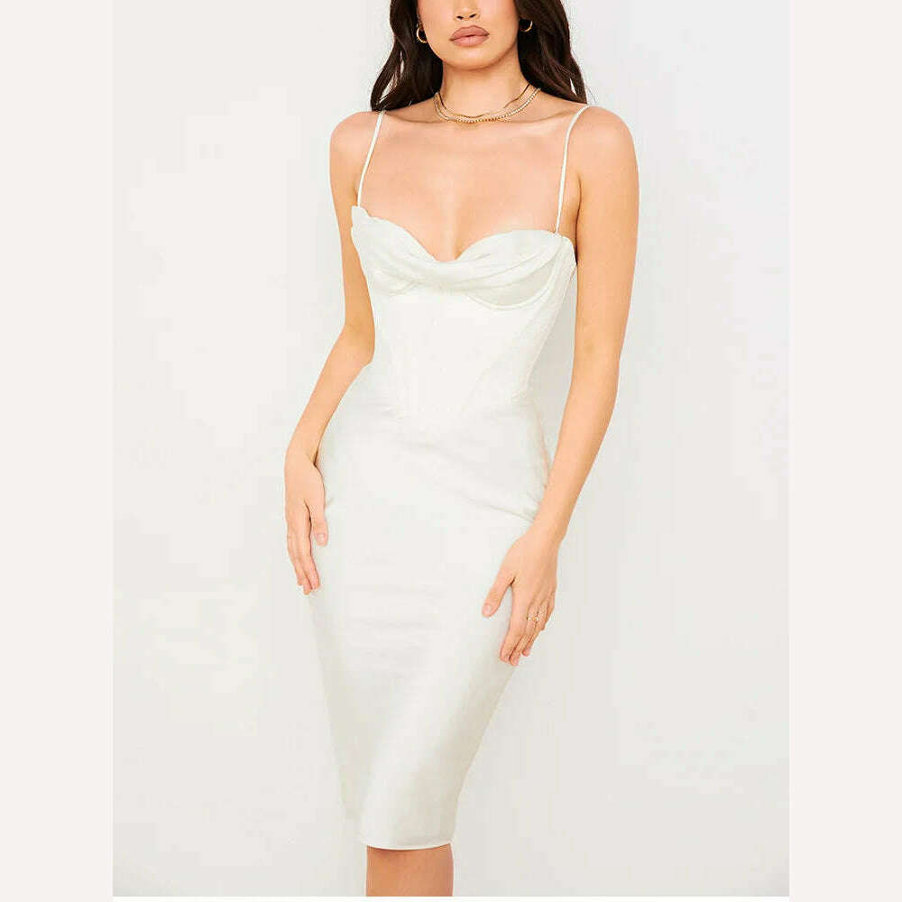 KIMLUD, Peling Fashion Satin Party White Dress Spaghetti Strap Padded Boned Zipper V- Neck Bodycon Dress Sexy Dresses For Women Vestidos, KIMLUD Womens Clothes