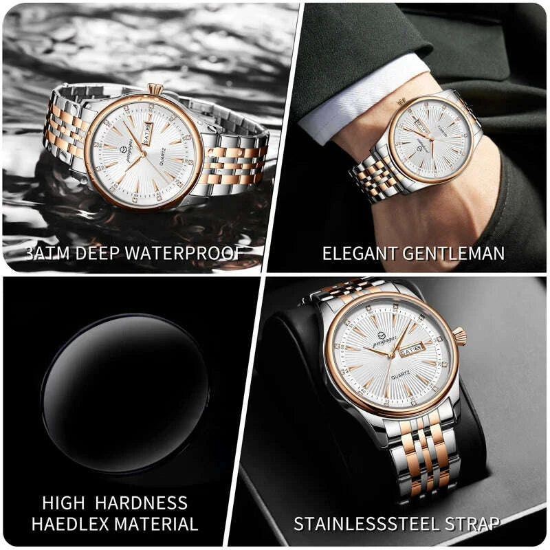 PENGAGAR Luxury Men's Watches Waterproof Stainless Steel Luminous Men Watch Date Chronograph High Quality Quartz Male Wristwatch