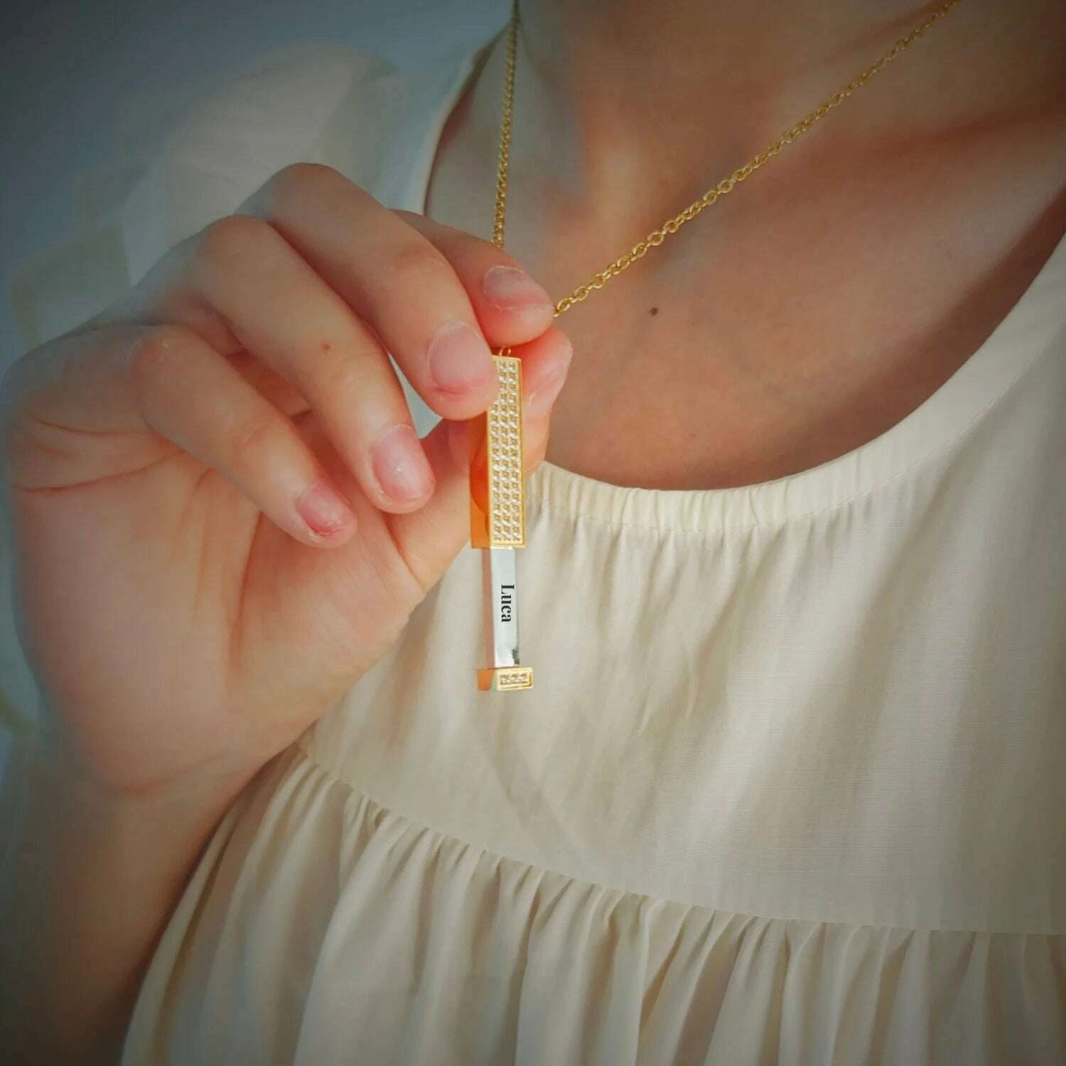 KIMLUD, Personalized Vertical Bar Engraved Name Necklace With Diamond 3D Bar Custom Jewelry Pull necklace Jewelry for Women Gift, KIMLUD Womens Clothes