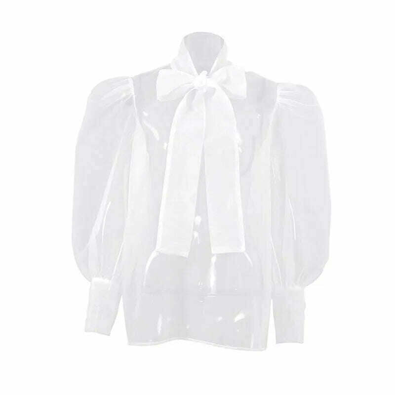 KIMLUD, Perspective Mesh Shirt Women Elegant Sexy See Through Blouses Puff Sleeve Bow Lace Up Tops Office Lady Solid Casual Thin Blouse, KIMLUD Womens ClothesKIMLUD, Perspective Mesh Shirt Women Elegant Sexy See Through Blouses Puff Sleeve Bow Lace Up Tops Office Lady Solid Casual Thin Blouse, WHITE / S, KIMLUD APPAREL - Womens Clothes