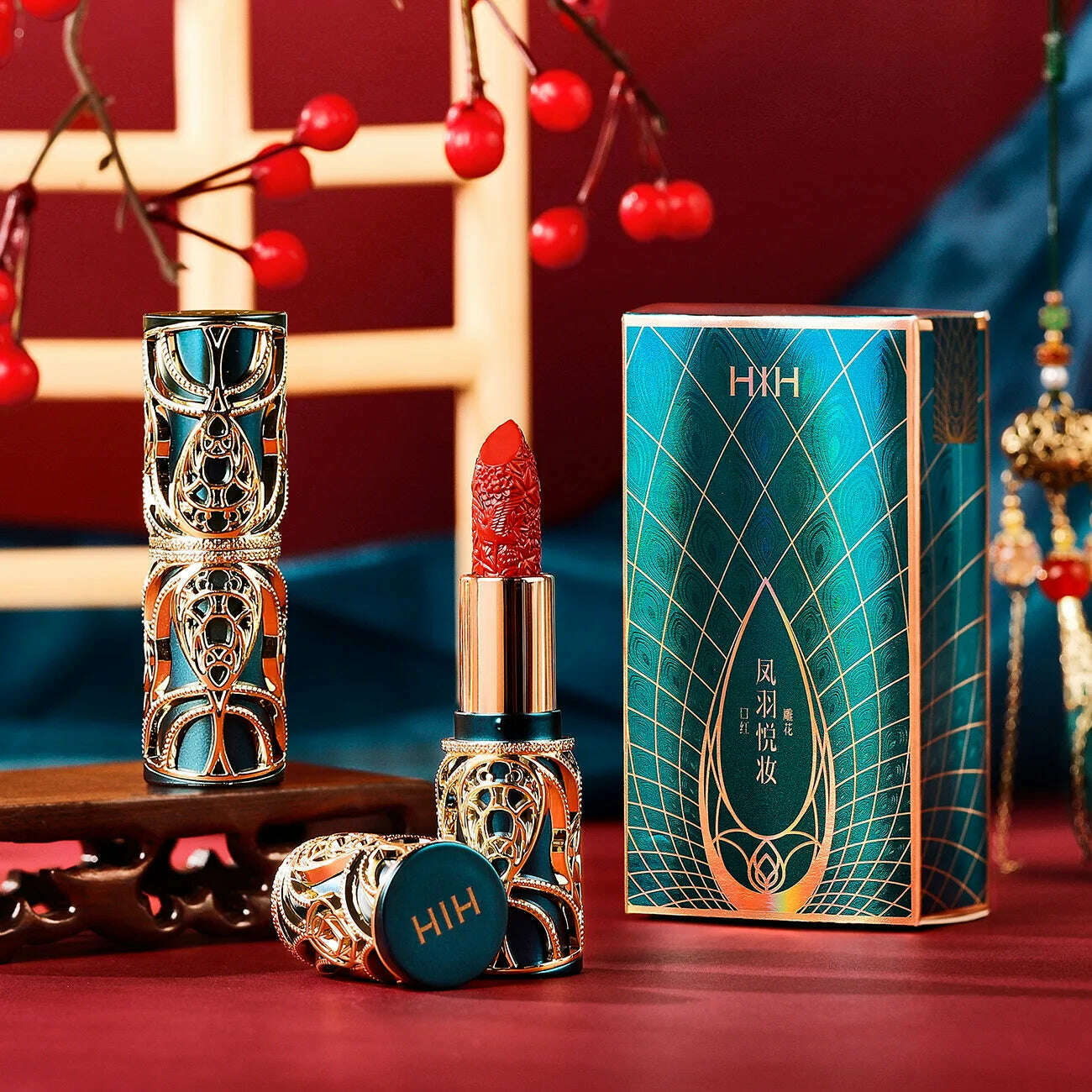 Phoenix Feather Yue Makeup Carved Lipstick Silky Color Vintage Flower Makeup Red National Style Texture - KIMLUD