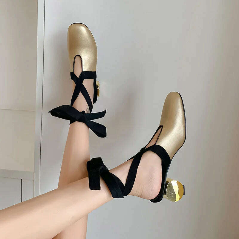 KIMLUD, Phoentin Women strange high heels Mules Shoes Brand Slingbacks cross tied pumps Summer Ladies sandals Fashion slippers FT2496, gold / 5, KIMLUD APPAREL - Womens Clothes