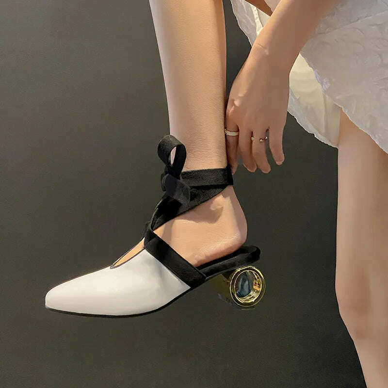 KIMLUD, Phoentin Women strange high heels Mules Shoes Brand Slingbacks cross tied pumps Summer Ladies sandals Fashion slippers FT2496, KIMLUD Womens Clothes