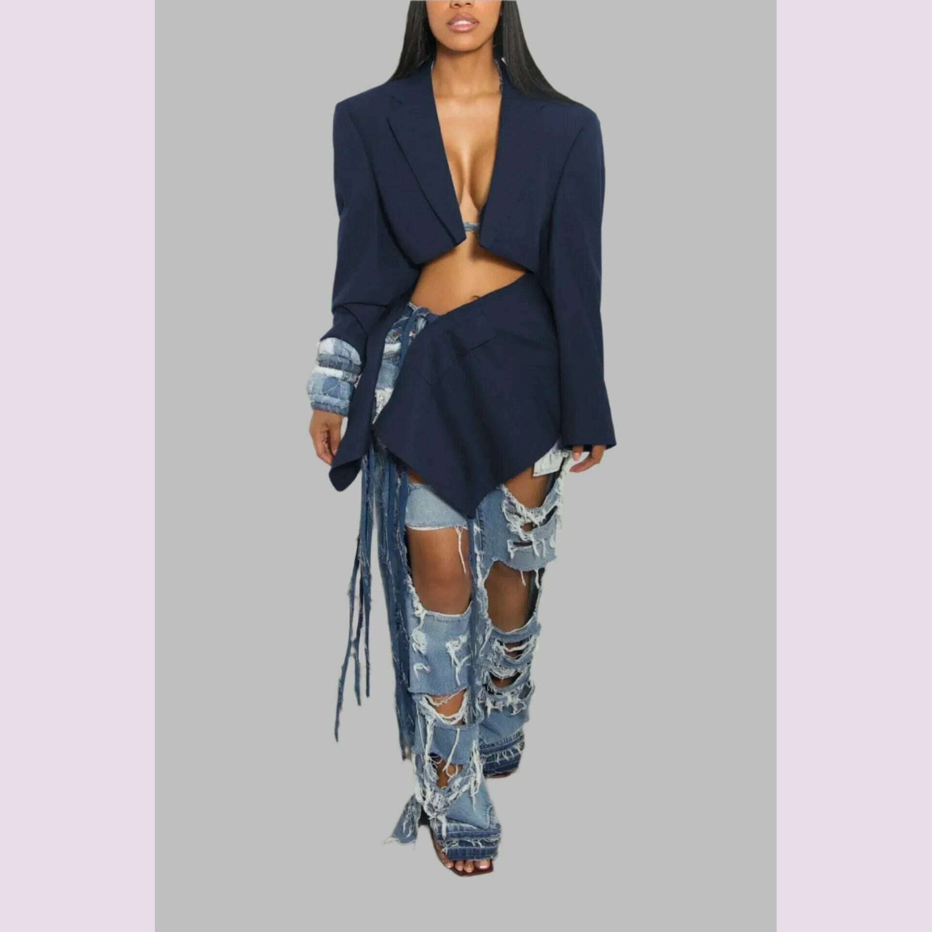 PinePear Women 2024 Autumn New Original Designer Crop Blazer Skirt Sets Denim Bandage Two Piece Outfits - KIMLUD