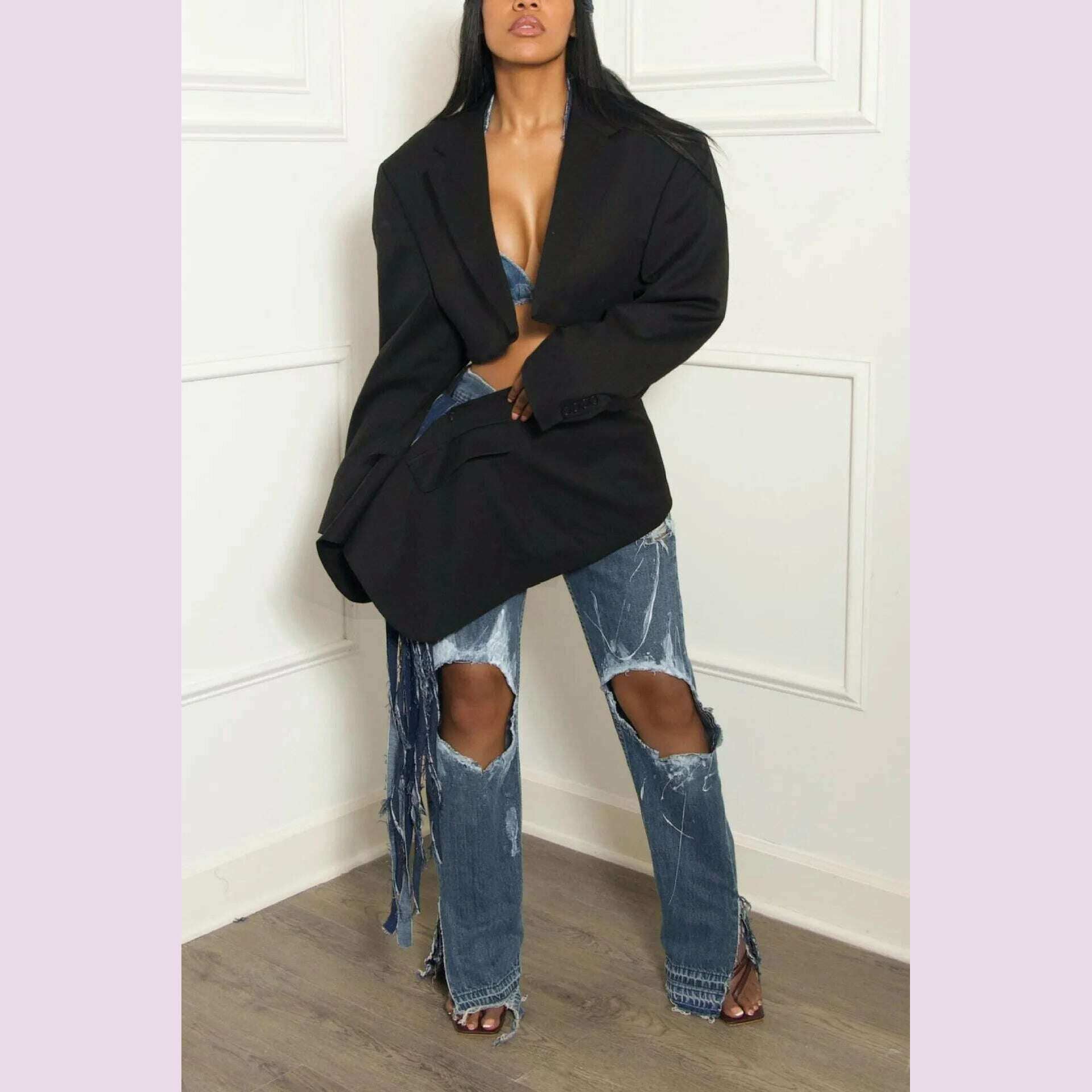 PinePear Women 2024 Autumn New Original Designer Crop Blazer Skirt Sets Denim Bandage Two Piece Outfits - KIMLUD