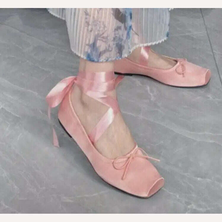 KIMLUD, Pink Apricot Fashion Classic Silk Ballet Shoes Lace up Ballet Shoes Women Square Toe Bowtie Women Flats Elegant Valentine Shoes, Pink / 35, KIMLUD Womens Clothes