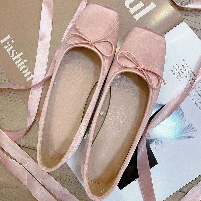 KIMLUD, Pink Apricot Fashion Classic Silk Ballet Shoes Lace up Ballet Shoes Women Square Toe Bowtie Women Flats Elegant Valentine Shoes, KIMLUD Womens Clothes