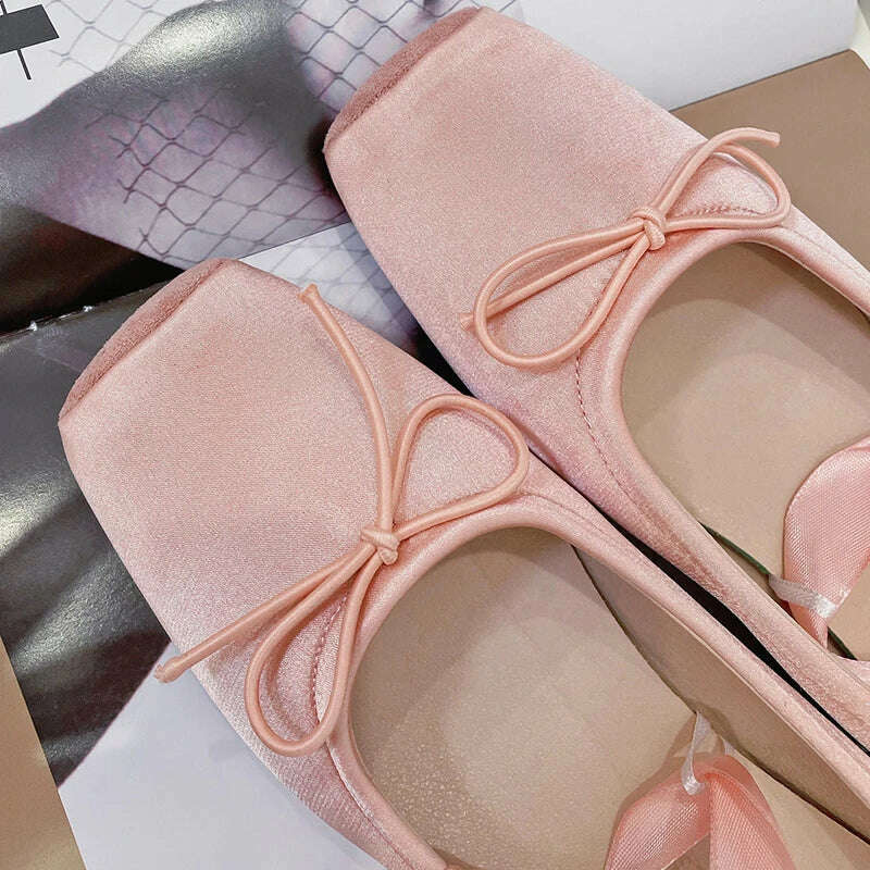 KIMLUD, Pink Apricot Fashion Classic Silk Ballet Shoes Lace up Ballet Shoes Women Square Toe Bowtie Women Flats Elegant Valentine Shoes, KIMLUD Womens Clothes