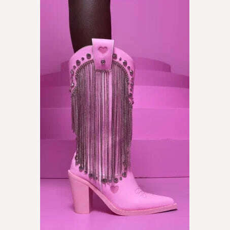 KIMLUD, Pink Crystal Tassels Cowboy Boots Women Chunky Heel Glitter Gem Pointed Toe Knee High Boots Luxury Designer 2023 New Shoes, KIMLUD Womens Clothes