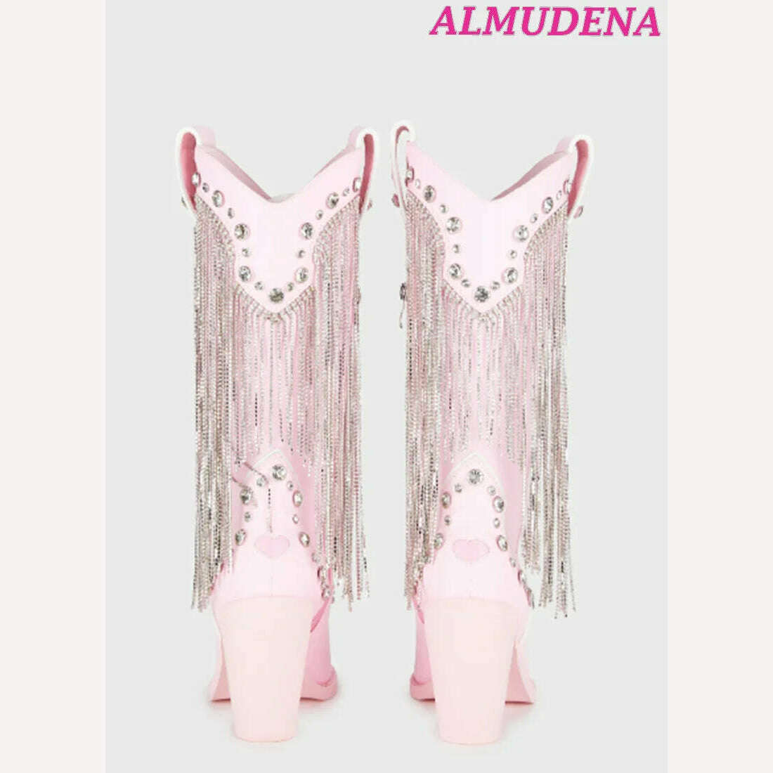 KIMLUD, Pink Crystal Tassels Cowboy Boots Women Chunky Heel Glitter Gem Pointed Toe Knee High Boots Luxury Designer 2023 New Shoes, KIMLUD Womens Clothes