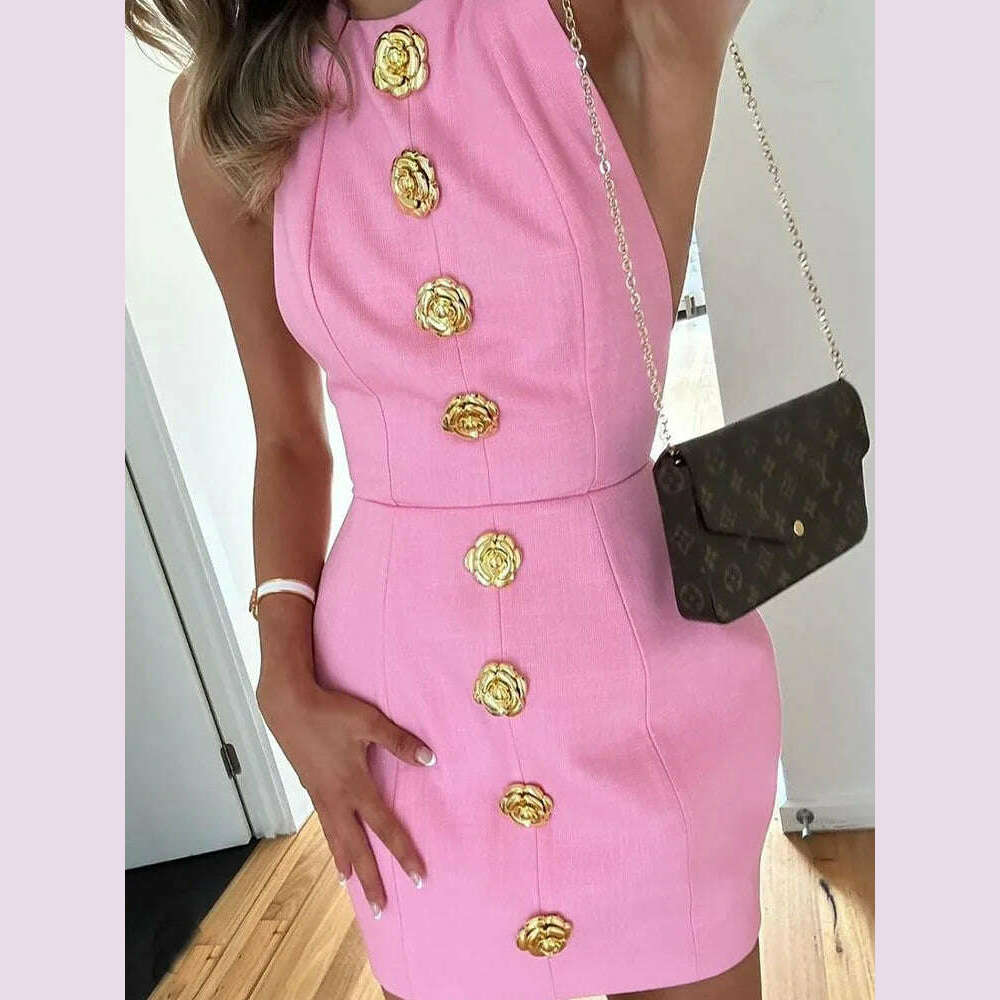 Pink Halter Hallow Out Backless Mini Dress Women 2024 New Elegant Sleeveless Slim Gold Button Dresses Lady Chic Party Vestidos - KIMLUD
