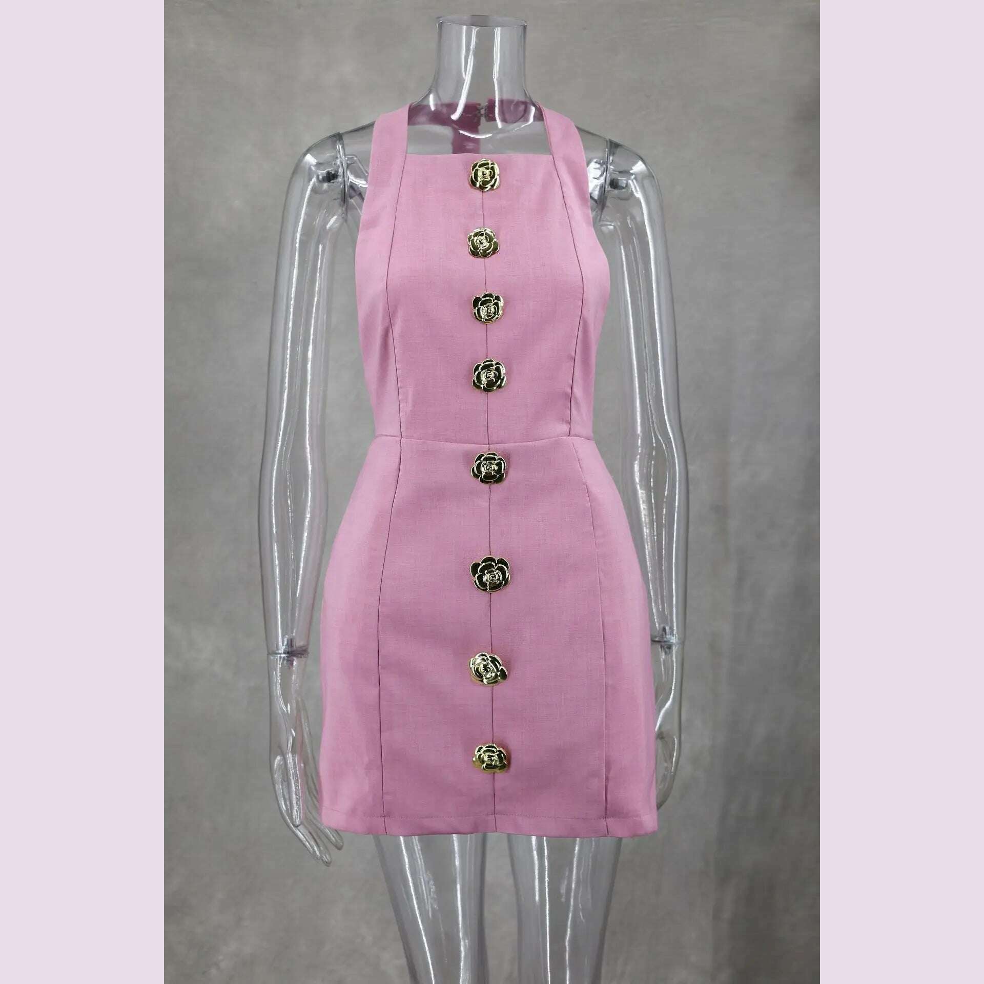 Pink Halter Hallow Out Backless Mini Dress Women 2024 New Elegant Sleeveless Slim Gold Button Dresses Lady Chic Party Vestidos - KIMLUD