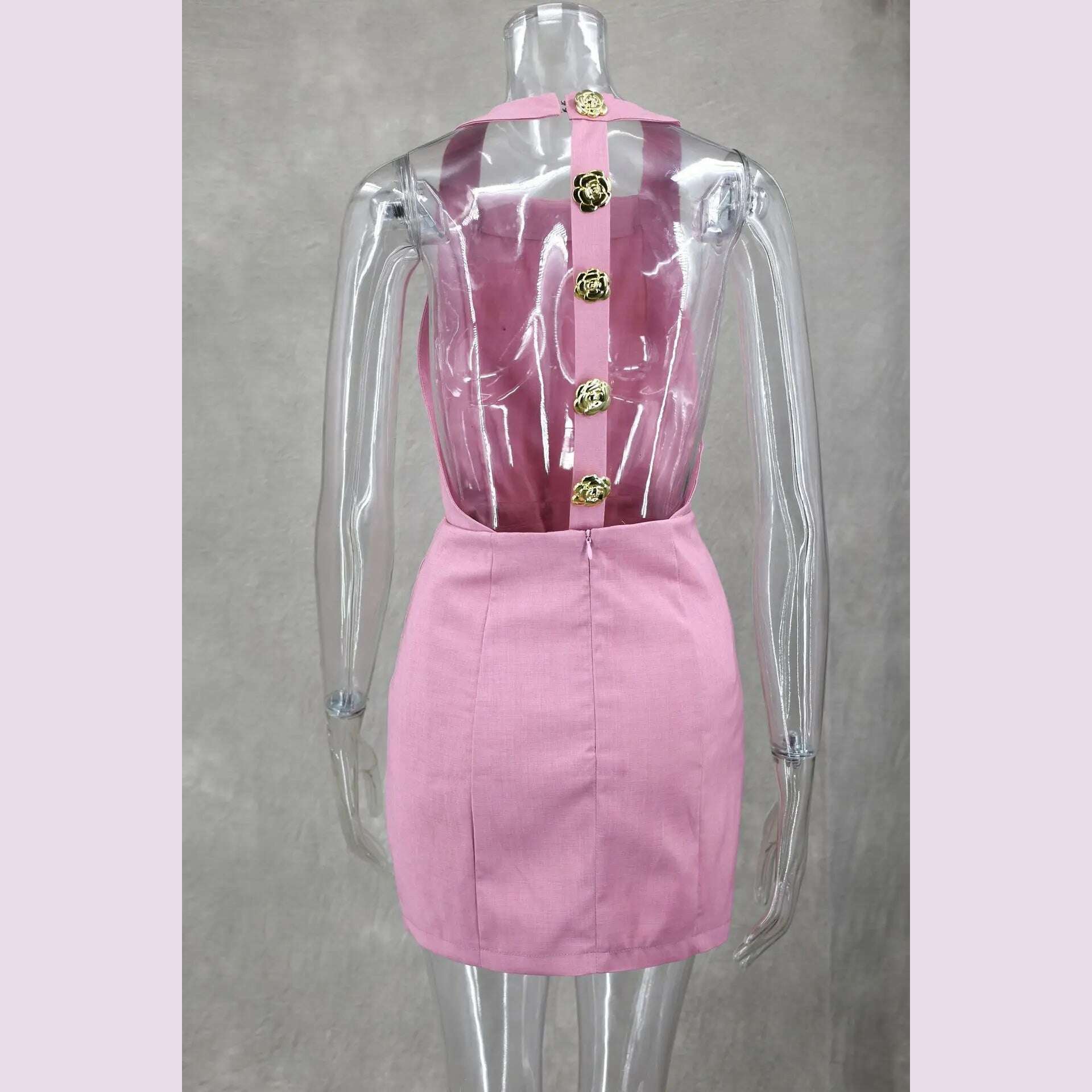 Pink Halter Hallow Out Backless Mini Dress Women 2024 New Elegant Sleeveless Slim Gold Button Dresses Lady Chic Party Vestidos - KIMLUD