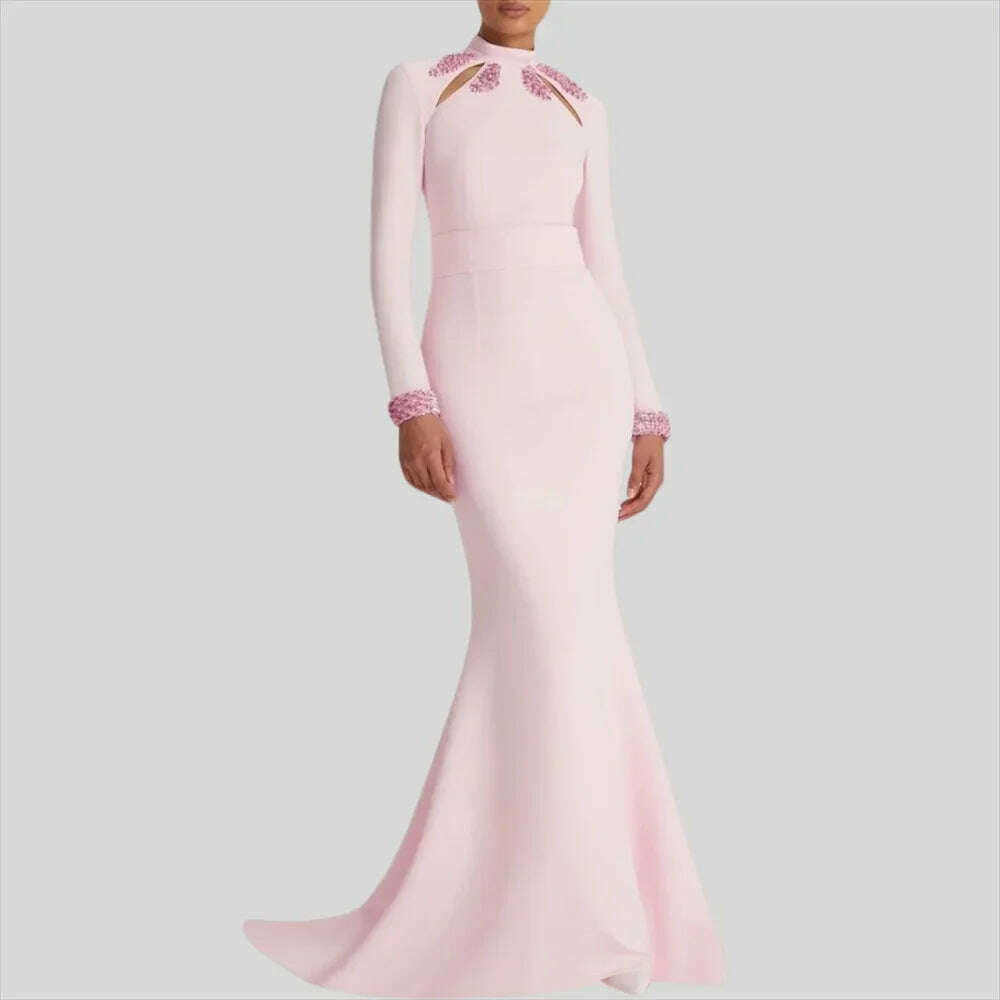 KIMLUD, Pink High Neck Crystal Luxury Long Sleeves Mermaid Formal Evening Dress For Woman Floor Length Fashion Classy 2024 Prom Gown, KIMLUD Womens Clothes