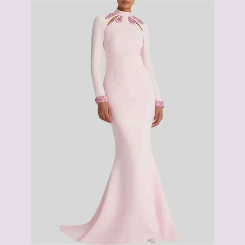 KIMLUD, Pink High Neck Crystal Luxury Long Sleeves Mermaid Formal Evening Dress For Woman Floor Length Fashion Classy 2024 Prom Gown, KIMLUD Womens Clothes