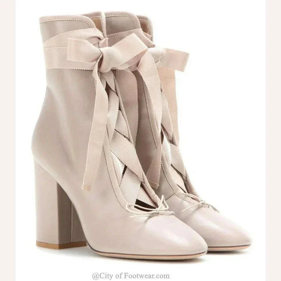 KIMLUD, Pink Lace up Block Heel Ankle Boots Women Bow Tie Round Toe Black Leather High Heels Booties Luxury Designer Big Size Shoes, KIMLUD Womens Clothes