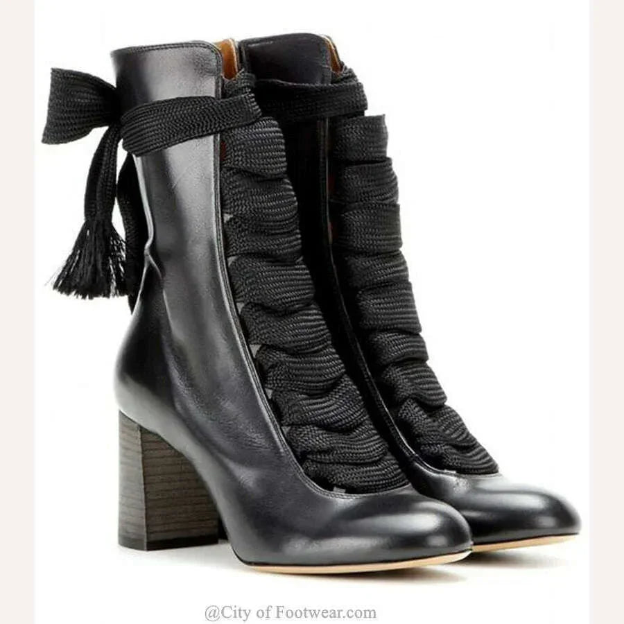 KIMLUD, Pink Lace up Block Heel Ankle Boots Women Bow Tie Round Toe Black Leather High Heels Booties Luxury Designer Big Size Shoes, KIMLUD Womens Clothes