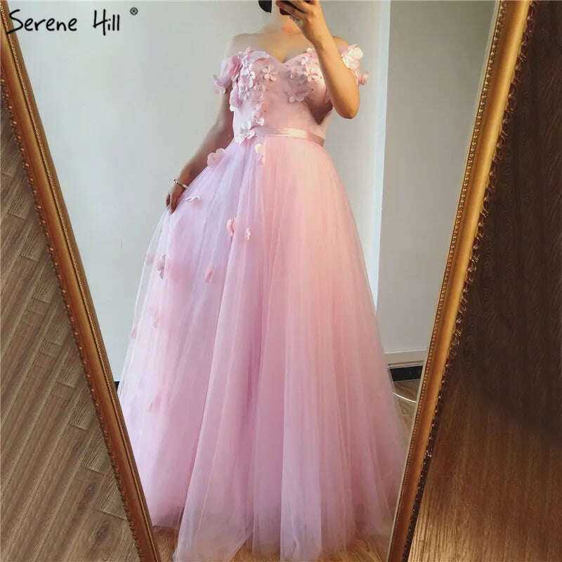 KIMLUD, Pink Off Shoulder Beach Sexy Evening Dresses Pearls Handmade Flowers Tulle Evening Gowns 2023 Serene Hill BLA60815, KIMLUD Womens Clothes