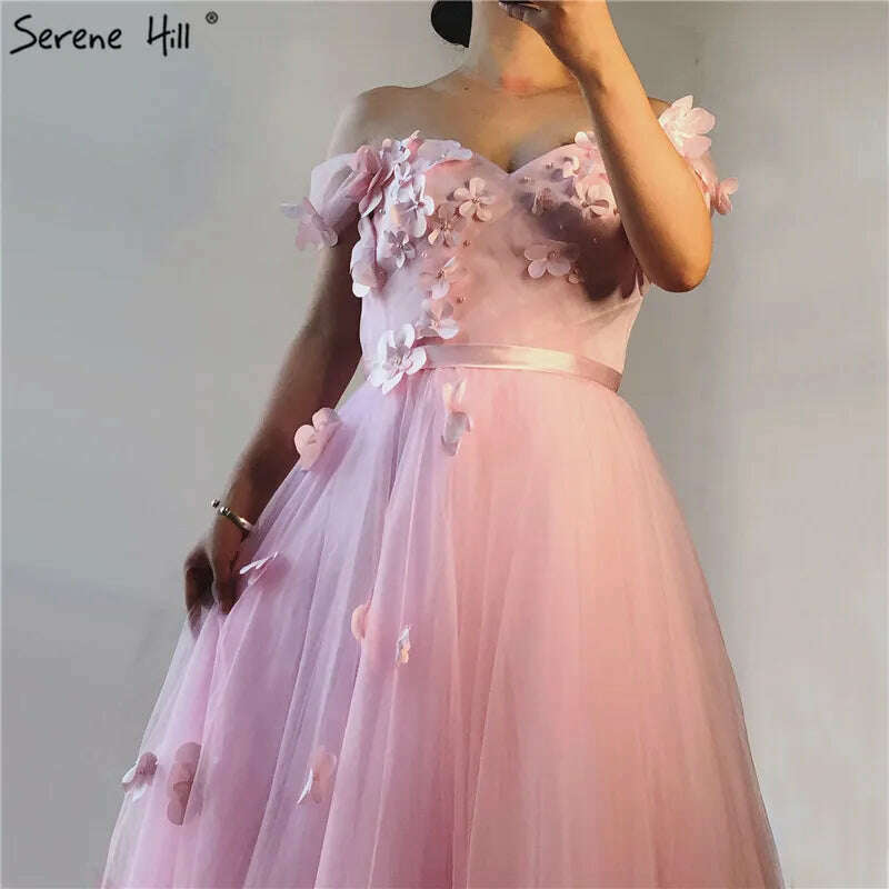 KIMLUD, Pink Off Shoulder Beach Sexy Evening Dresses Pearls Handmade Flowers Tulle Evening Gowns 2023 Serene Hill BLA60815, KIMLUD Womens Clothes