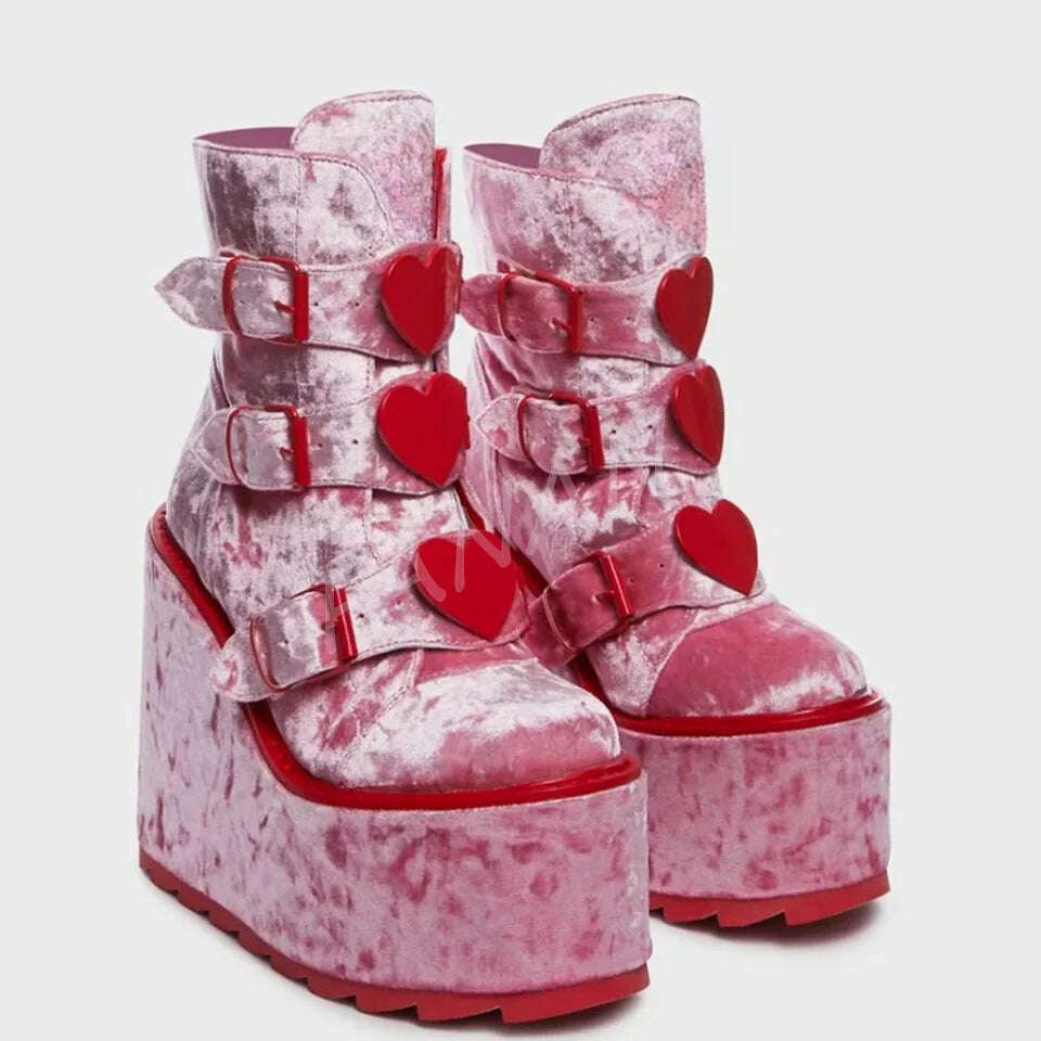 KIMLUD, Pink Red Platform Punk Boots Heart Decor Flock Flat High Heel Shoes for Women High heel High Heels 2023 New Zapatos Para Mujere, 19 / 35, KIMLUD APPAREL - Womens Clothes