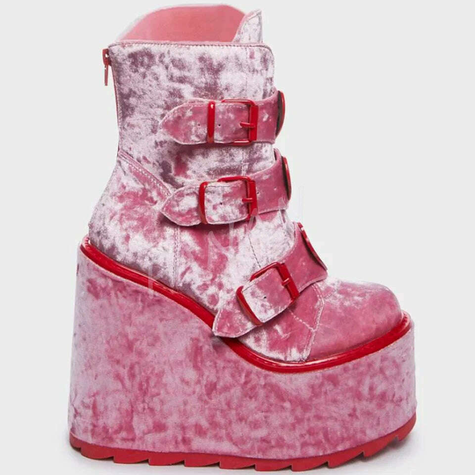 KIMLUD, Pink Red Platform Punk Boots Heart Decor Flock Flat High Heel Shoes for Women High heel High Heels 2023 New Zapatos Para Mujere, KIMLUD Womens Clothes