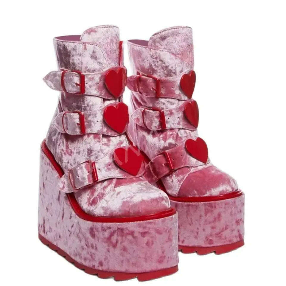 KIMLUD, Pink Red Platform Punk Boots Heart Decor Flock Flat High Heel Shoes for Women High heel High Heels 2023 New Zapatos Para Mujere, KIMLUD Womens Clothes