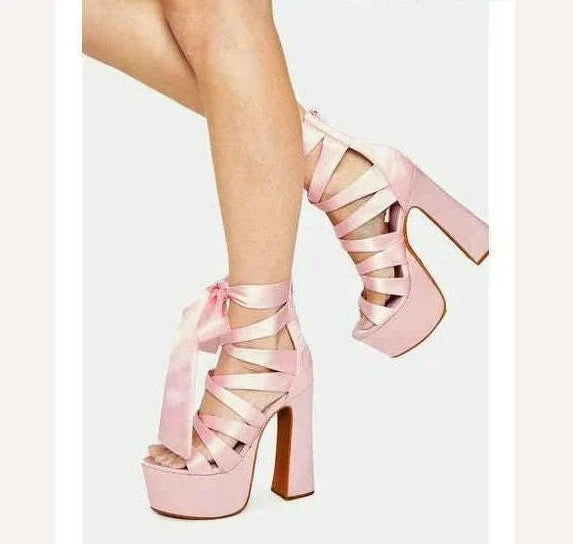 KIMLUD, Pink Ribbon Platform Block Heel Sandals Women Open Toe Lace up Bow High Heels Summer Big Size Lolita Dress Designer Brand Shoes, KIMLUD Womens Clothes