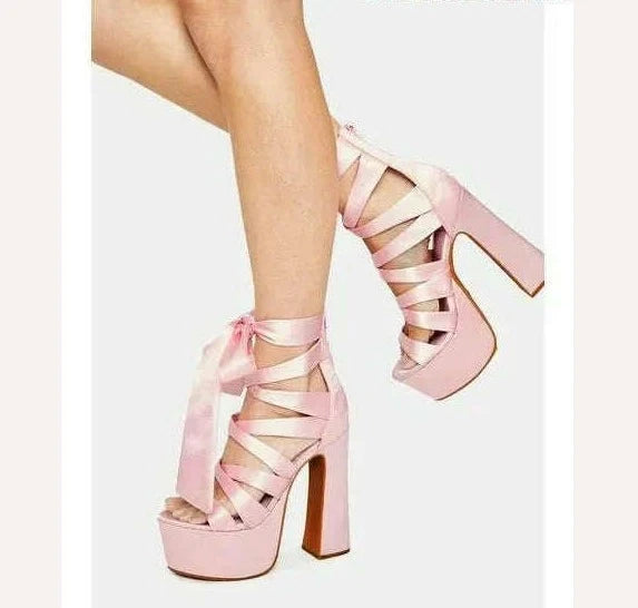KIMLUD, Pink Ribbon Platform Block Heel Sandals Women Open Toe Lace up Bow High Heels Summer Big Size Lolita Dress Designer Brand Shoes, KIMLUD Womens Clothes