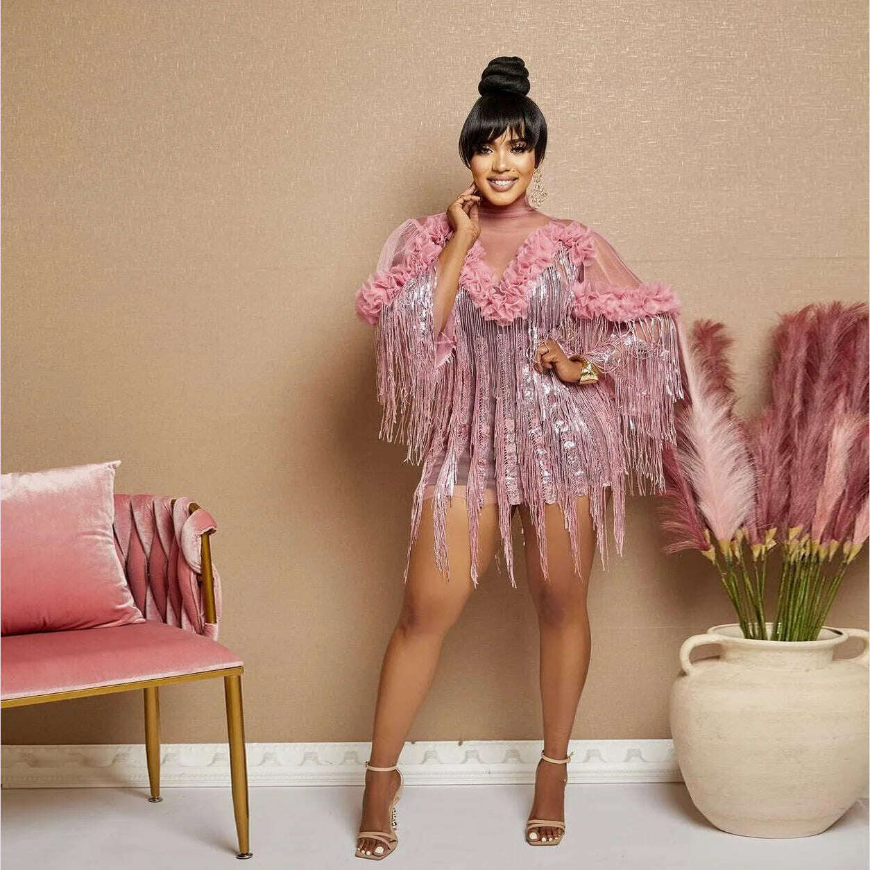 Pink Sequin Fringe Dress Lady Party Bodycon Evening Dresses 2024 Women Summer Elegant Luxury Mini Pleated Mesh Ruffle Dresses - KIMLUD