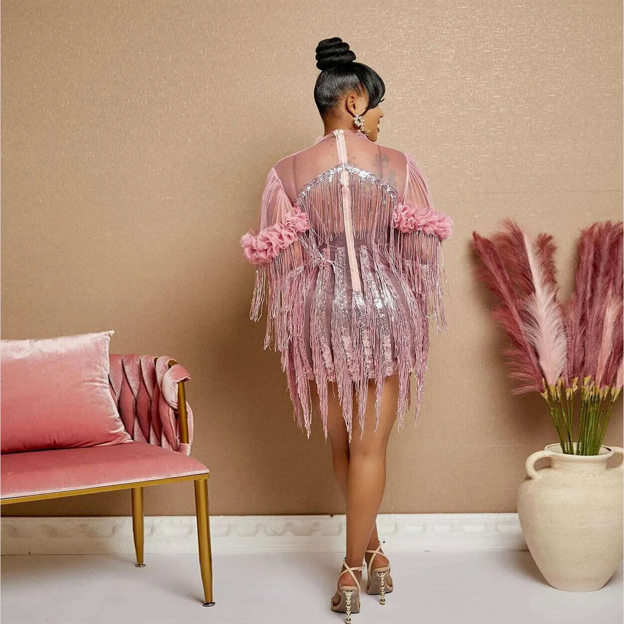 Pink Sequin Fringe Dress Lady Party Bodycon Evening Dresses 2024 Women Summer Elegant Luxury Mini Pleated Mesh Ruffle Dresses - KIMLUD