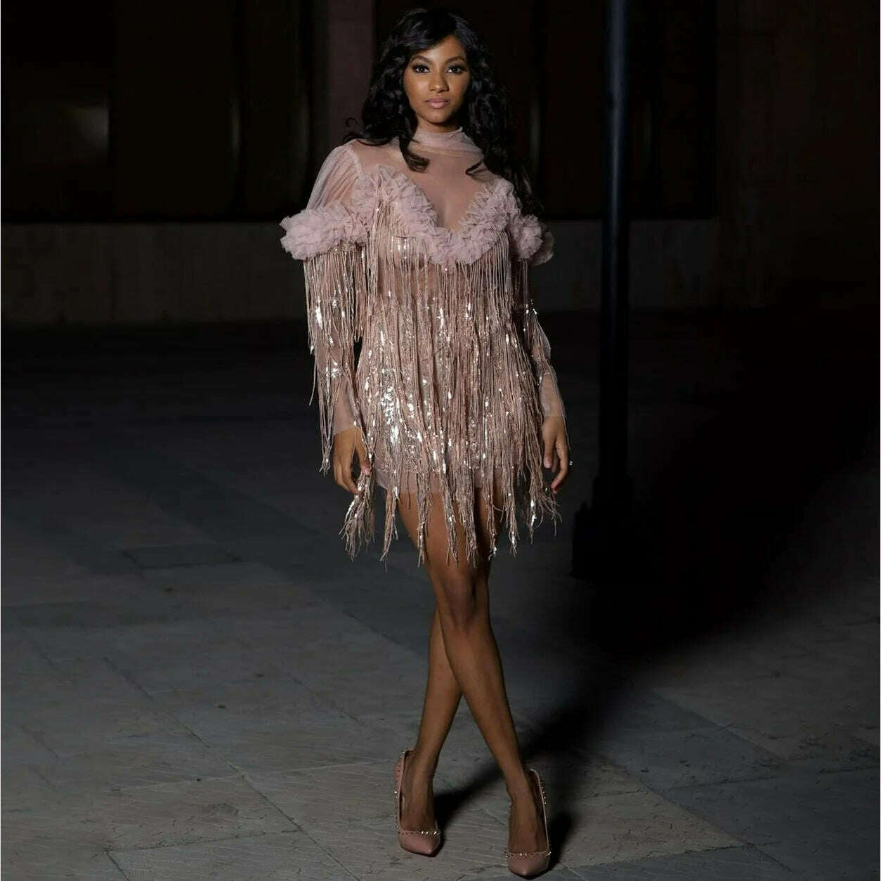 Pink Sequin Fringe Dress Lady Party Bodycon Evening Dresses 2024 Women Summer Elegant Luxury Mini Pleated Mesh Ruffle Dresses - KIMLUD