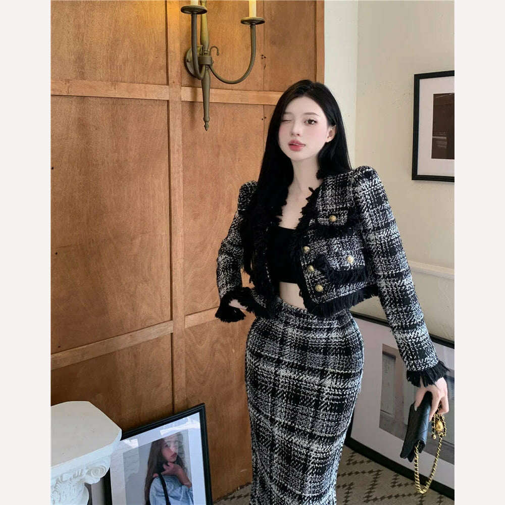 KIMLUD, Plaid Celebrity Style New Suit Women Fashion Elegant Long-sleeved Short Coat High Waist Hip Wrap Long Skirt Two-piece Set Winter, KIMLUD Womens Clothes