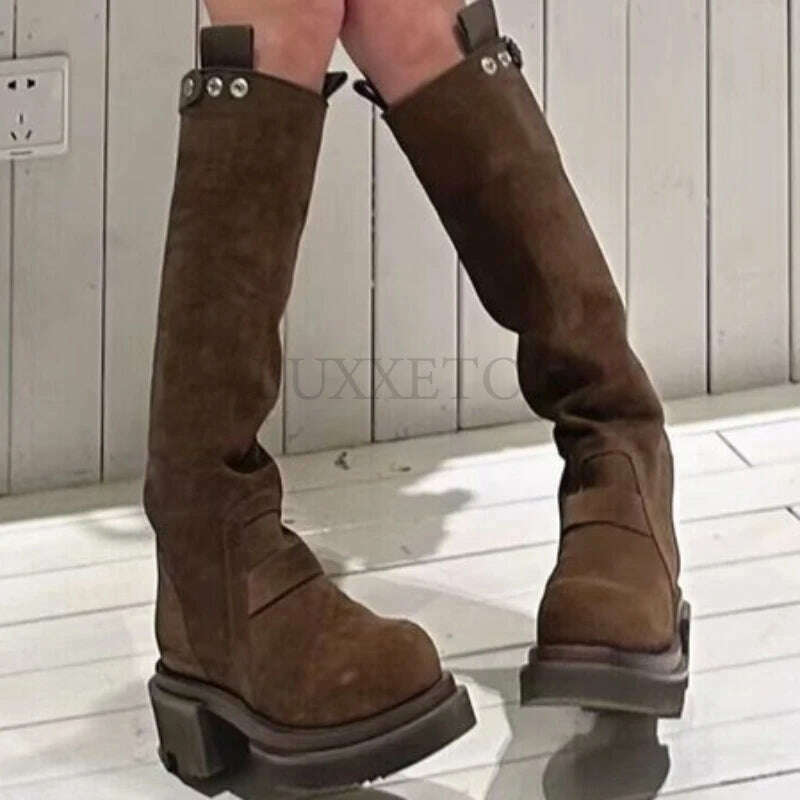 KIMLUD, Platform Combat Boots Zip Chuny Heel Buckle Vintage Fashion Casual Luxury Designer Western Mid Calf Boots Shoes Woman, KIMLUD Womens Clothes