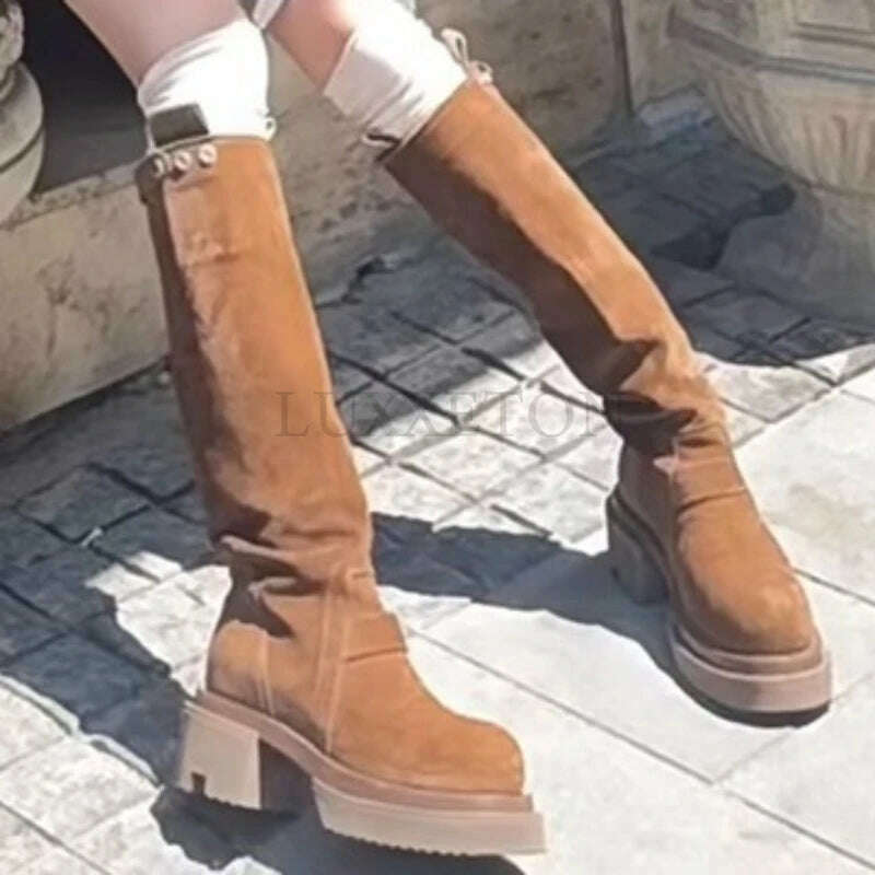 KIMLUD, Platform Combat Boots Zip Chuny Heel Buckle Vintage Fashion Casual Luxury Designer Western Mid Calf Boots Shoes Woman, KIMLUD Womens Clothes