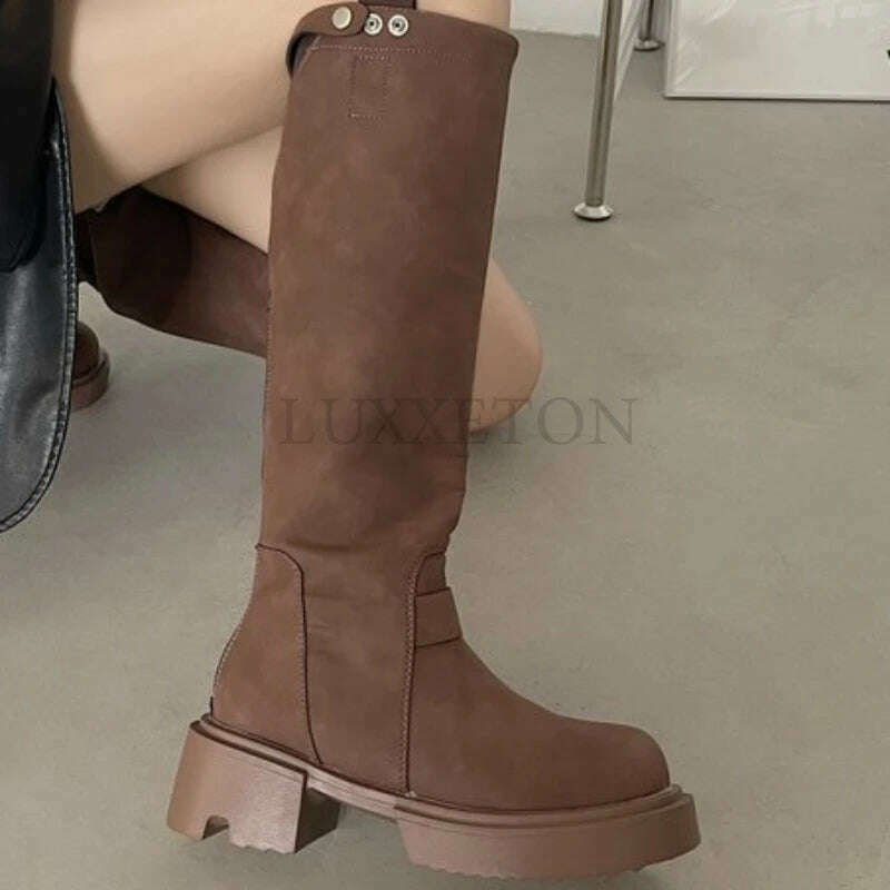 KIMLUD, Platform Combat Boots Zip Chuny Heel Buckle Vintage Fashion Casual Luxury Designer Western Mid Calf Boots Shoes Woman, KIMLUD Womens Clothes