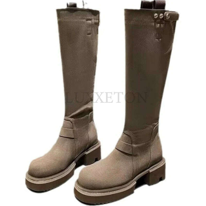 KIMLUD, Platform Combat Boots Zip Chuny Heel Buckle Vintage Fashion Casual Luxury Designer Western Mid Calf Boots Shoes Woman, KIMLUD Womens Clothes
