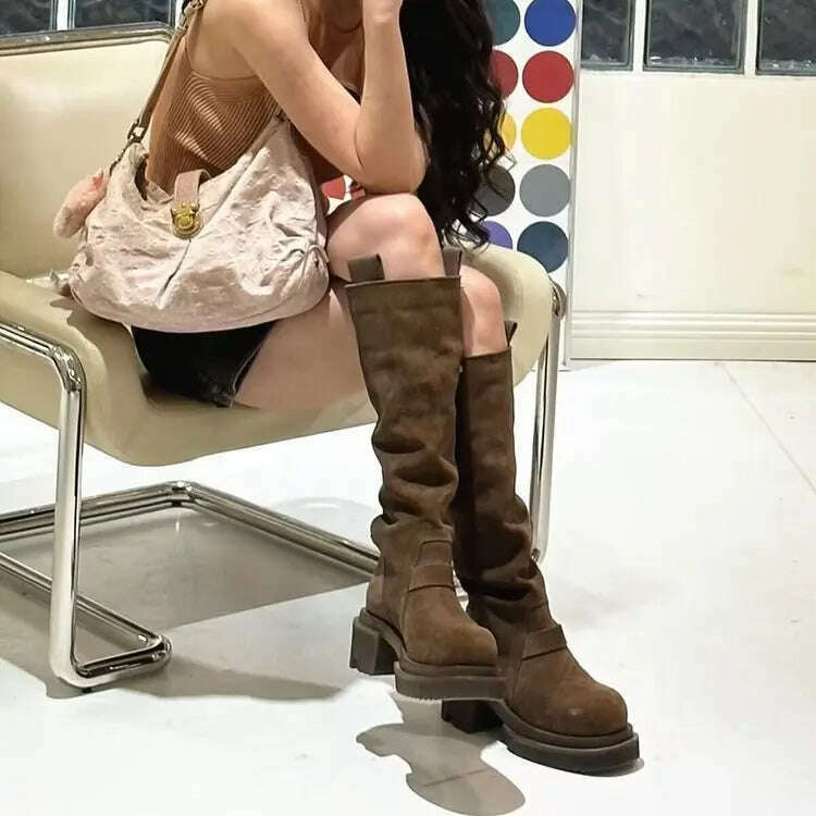 KIMLUD, Platform Combat Boots Zip Chuny Heel Buckle Vintage Fashion Casual Luxury Designer Western Mid Calf Boots Shoes Woman, Brown suede / 35, KIMLUD APPAREL - Womens Clothes