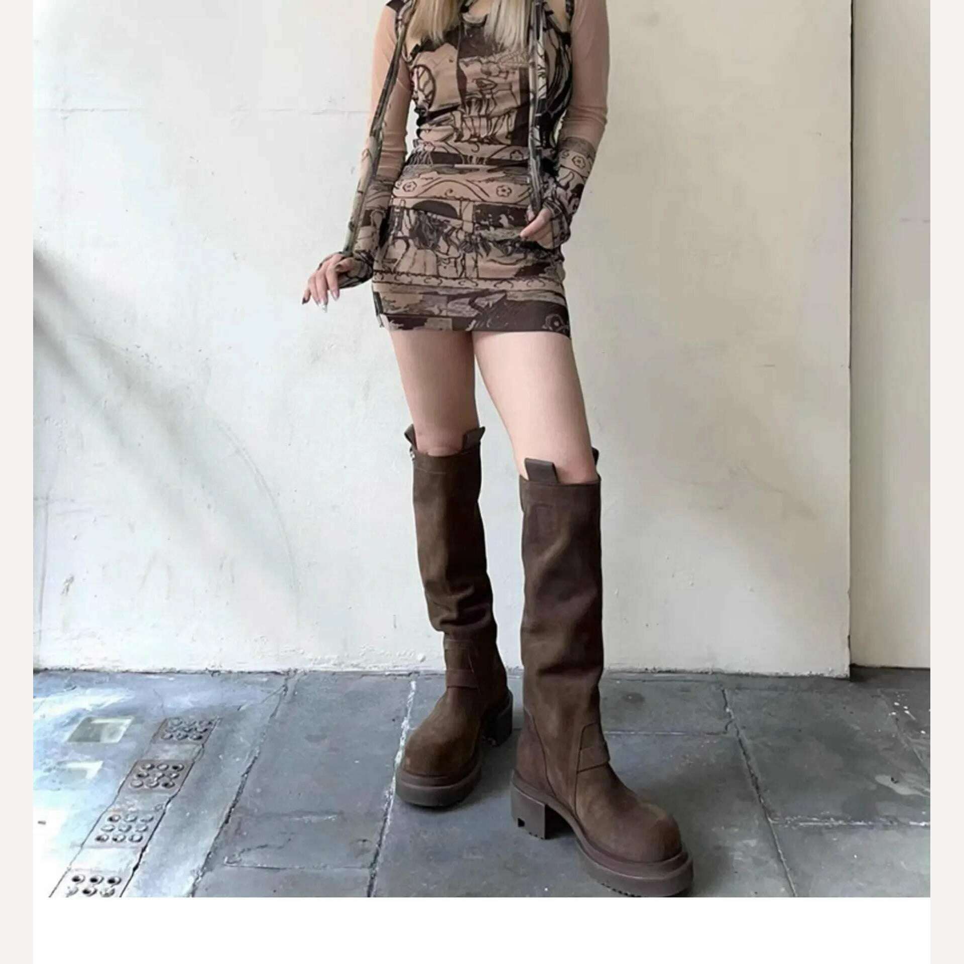 KIMLUD, Platform Combat Boots Zip Chuny Heel Buckle Vintage Fashion Casual Luxury Designer Western Mid Calf Boots Shoes Woman, KIMLUD Womens Clothes