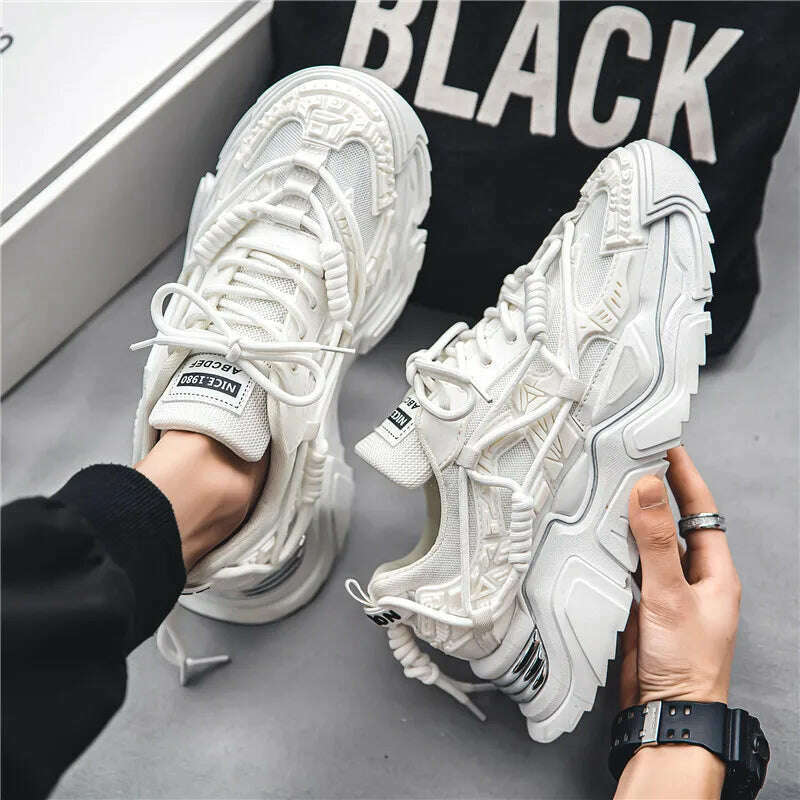 KIMLUD, Platform Men Shoes Fashion Clunky Sneakers Men Casual Shoes Breathable Sports Dad Shoes Male Fitness Footwear 2023, White / 39, KIMLUD APPAREL - Womens Clothes