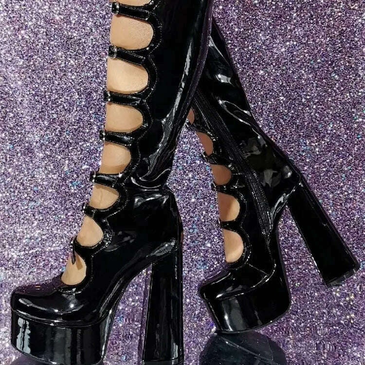 Platform Patent Leather Gothic Summer Boots 2024 New Round Toe Buckle Sexy Girl Boots Plus Size Fashion Women Thick High Heels - KIMLUD