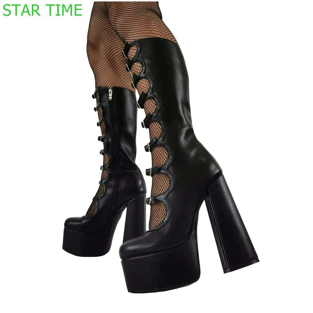 Platform Patent Leather Gothic Summer Boots 2024 New Round Toe Buckle Sexy Girl Boots Plus Size Fashion Women Thick High Heels - KIMLUD