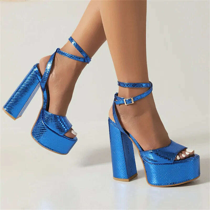 KIMLUD, Platform Sandals For Women Summer Luxury Gold Silver High Heel Fashion Party Ankle Buckle Square Head Gladiatus Woman Shoes Tren, Style 2 Blue / 35 / China, KIMLUD APPAREL - Womens Clothes