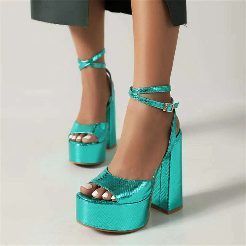 KIMLUD, Platform Sandals For Women Summer Luxury Gold Silver High Heel Fashion Party Ankle Buckle Square Head Gladiatus Woman Shoes Tren, Style 2 Green / 35 / China, KIMLUD APPAREL - Womens Clothes