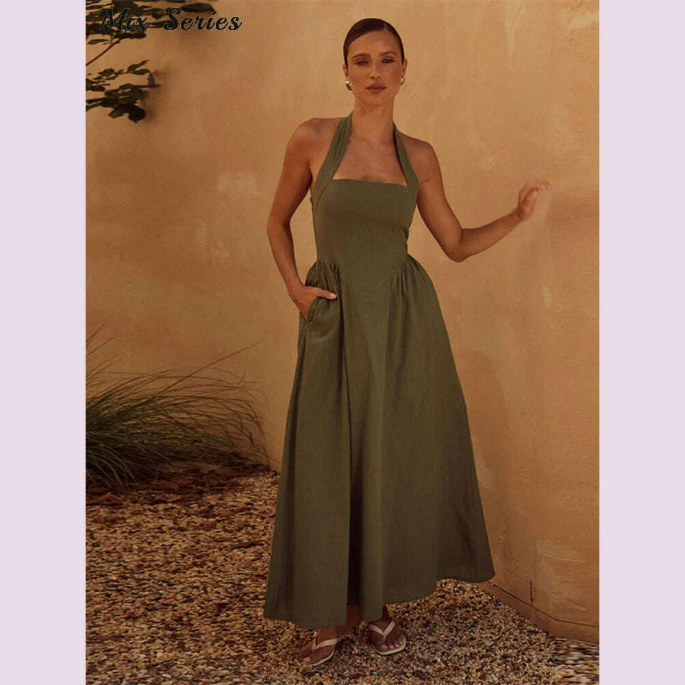 Pleated Halter Spaghetti Strap Dress Women Solid Backless Zip Midi Dre Pleated Halter Spaghetti Strap Dress Women Solid Backless Zip Midi Dre