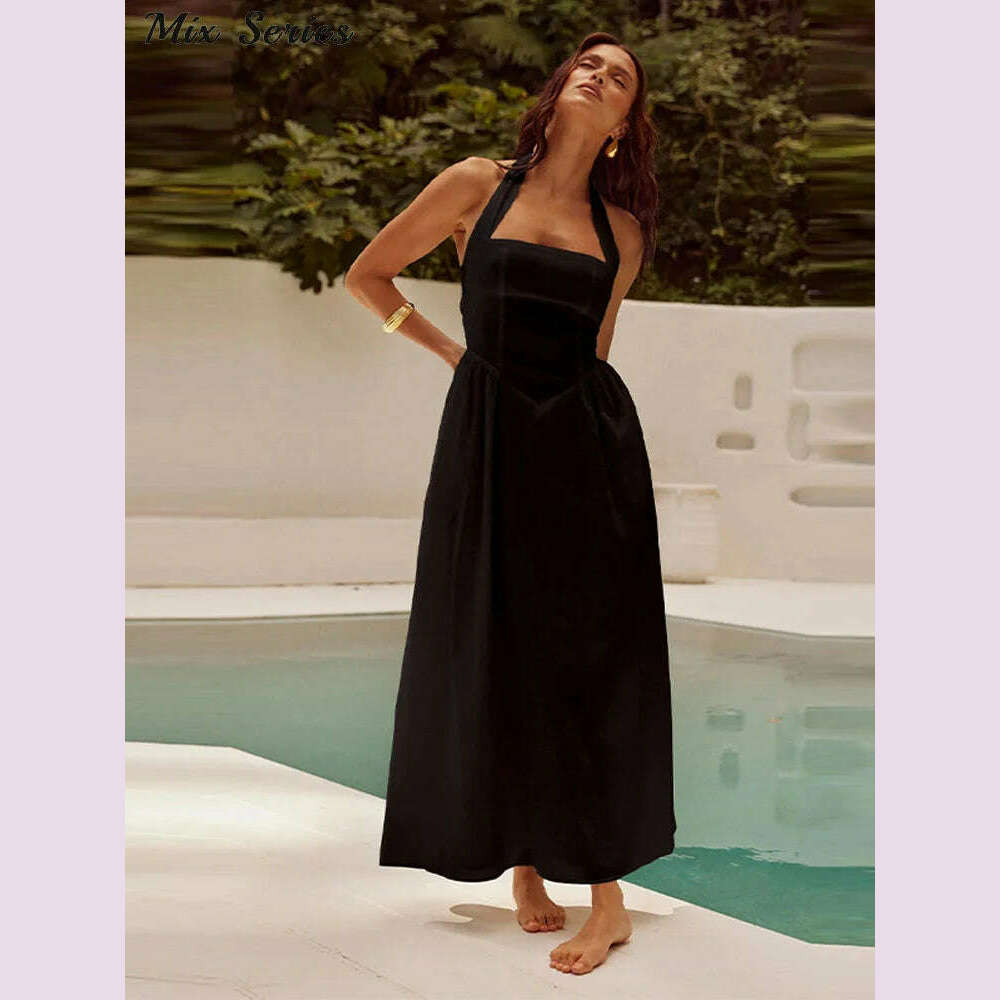 Pleated Halter Spaghetti Strap Dress Women Solid Backless Zip Midi Dresses 2024 Spring Summer Female Casual Streetwear Vestido - KIMLUD