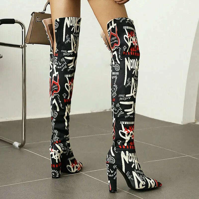 KIMLUD, Plus Size 43 Women Over the Knee Boots Microfiber Mixed Color Women's Boots Square High Heel Pointed Toe Ladies Long Boots, KIMLUD Womens Clothes