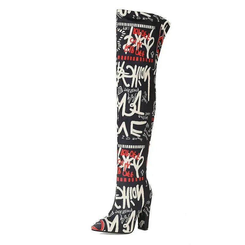 KIMLUD, Plus Size 43 Women Over the Knee Boots Microfiber Mixed Color Women's Boots Square High Heel Pointed Toe Ladies Long Boots, KIMLUD Womens Clothes