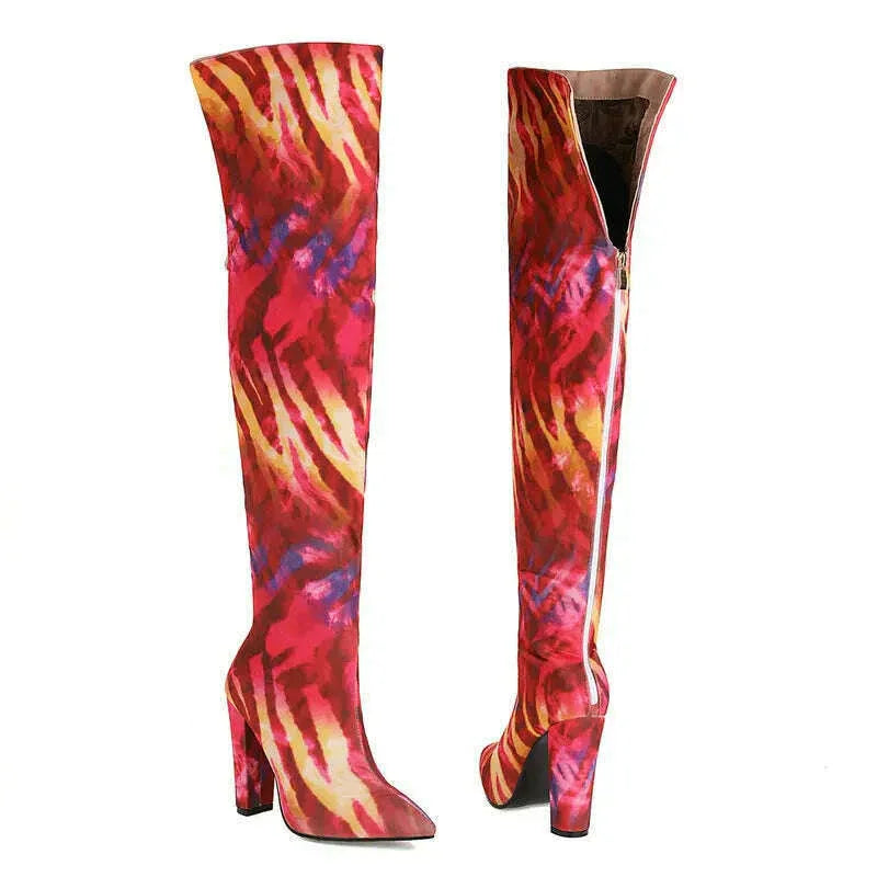 KIMLUD, Plus Size 43 Women Over the Knee Boots Microfiber Mixed Color Women's Boots Square High Heel Pointed Toe Ladies Long Boots, KIMLUD Womens Clothes