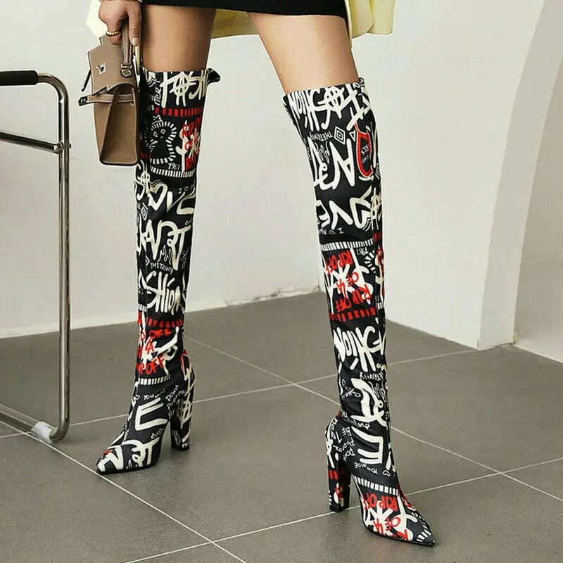 KIMLUD, Plus Size 43 Women Over the Knee Boots Microfiber Mixed Color Women's Boots Square High Heel Pointed Toe Ladies Long Boots, KIMLUD Womens Clothes