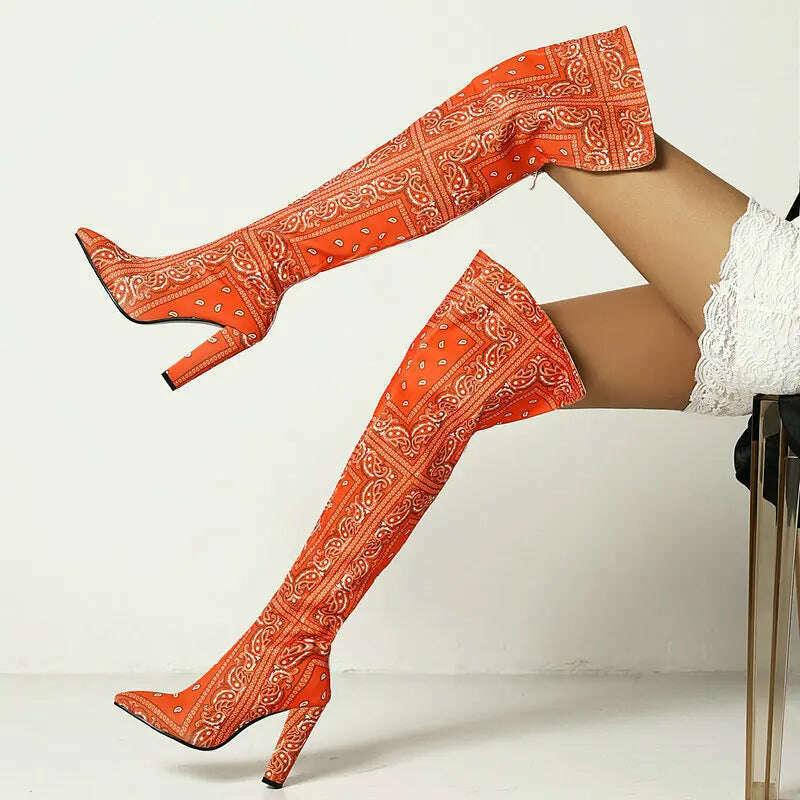 KIMLUD, Plus Size 43 Women Over the Knee Boots Microfiber Mixed Color Women's Boots Square High Heel Pointed Toe Ladies Long Boots, KIMLUD Womens Clothes
